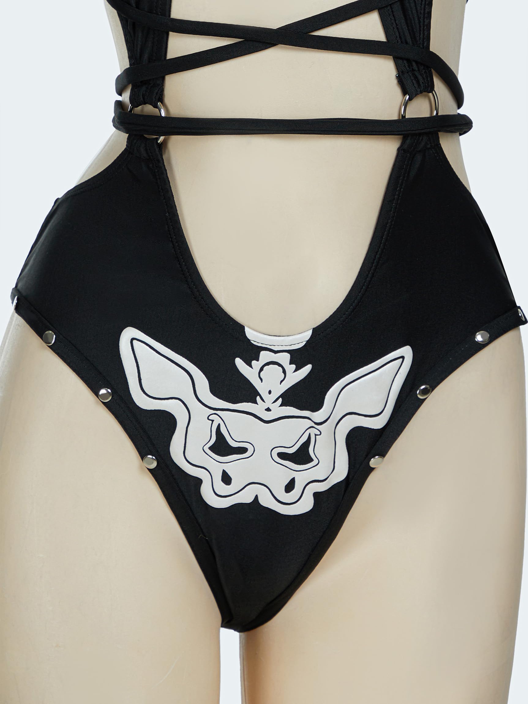 MEOWCOS Women One Piece Swimsuits with Skull Design Cut Out Gothic Swimsuit Bathing Suit Black