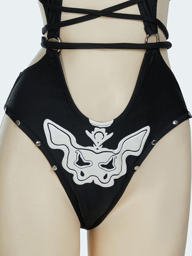 MEOWCOS Women One Piece Swimsuits with Skull Design Cut Out Gothic Swimsuit Bathing Suit Black Main Image