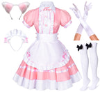 Japanese Anime Sissy Maid Dress Cosplay Sweet Classic Fancy Apron Socks Gloves Faux Fur Cat Furry Headwear Set Pink(S)