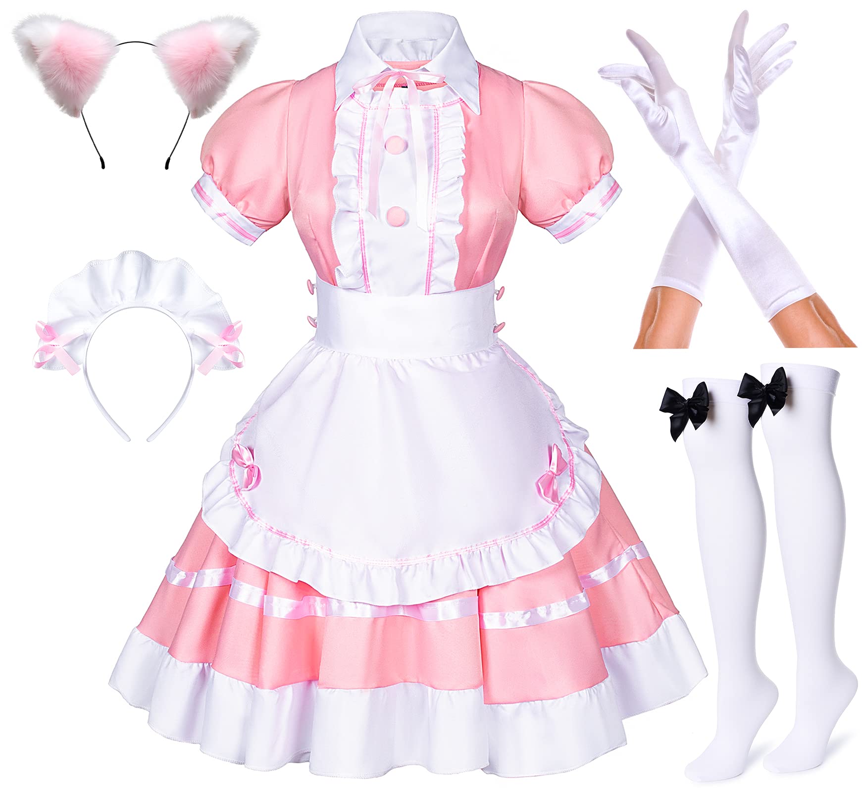 Japanese Anime Sissy Maid Dress Cosplay Sweet Classic Fancy Apron Socks Gloves Faux Fur Cat Furry Headwear Set Pink(S)
