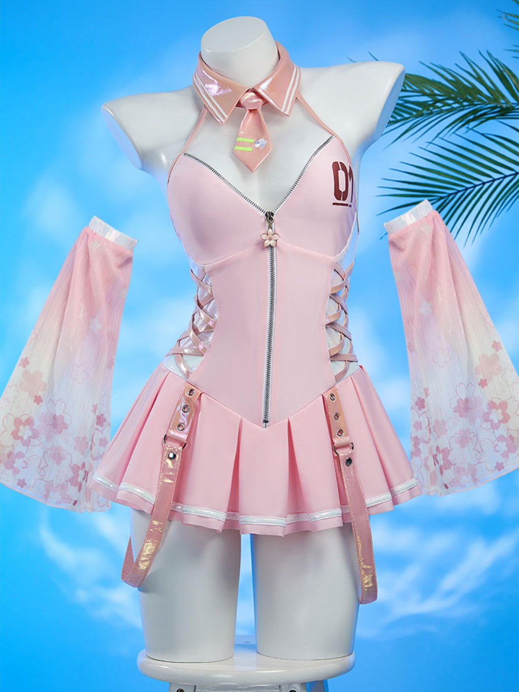 haikyuu Women Cosplay One Piece Swimsuit with Gloves Tie Anime Bathing Suit Halter Pool Party Musical Clubwear (US, Alpha, Large, Regular, Regular, Standard, Pink)