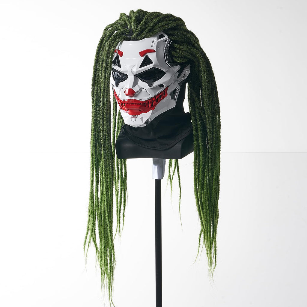 IUUBVV Futuristic Clown Mask, White and Red, Cosplay Costume Accessory (With braids)