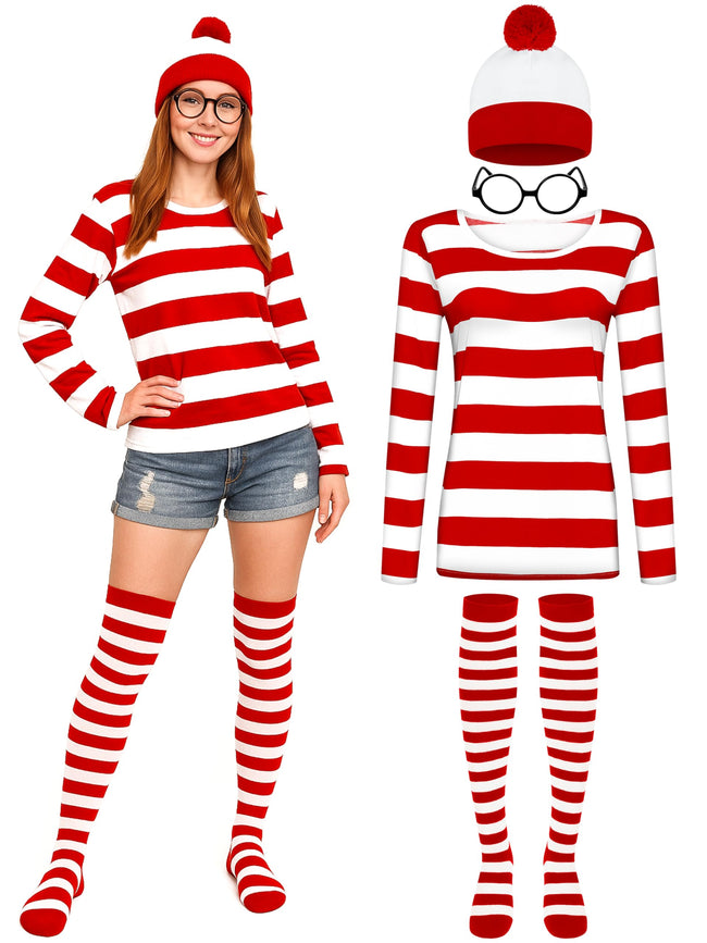 Halloween Costume Set, XXL Halloween Women Cosplay Red White Striped Shirt Beanie Cap Glasses Socks for Halloween Party Hover Image