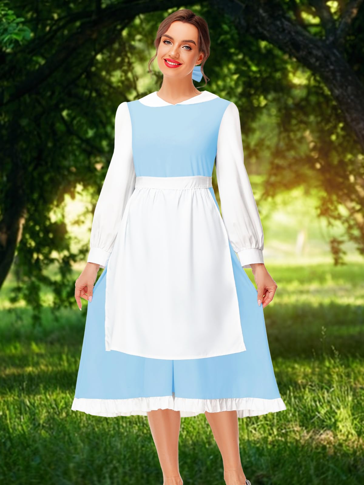 Womens Belle Dress Halloween Blue Princess Dresses Beauty Maid Clothes with White Apron S