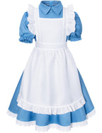 Irtysh Girl Blue Dress White Apron Halloween Cosplay Costume With Bow Hair Band Stockings Set(140)