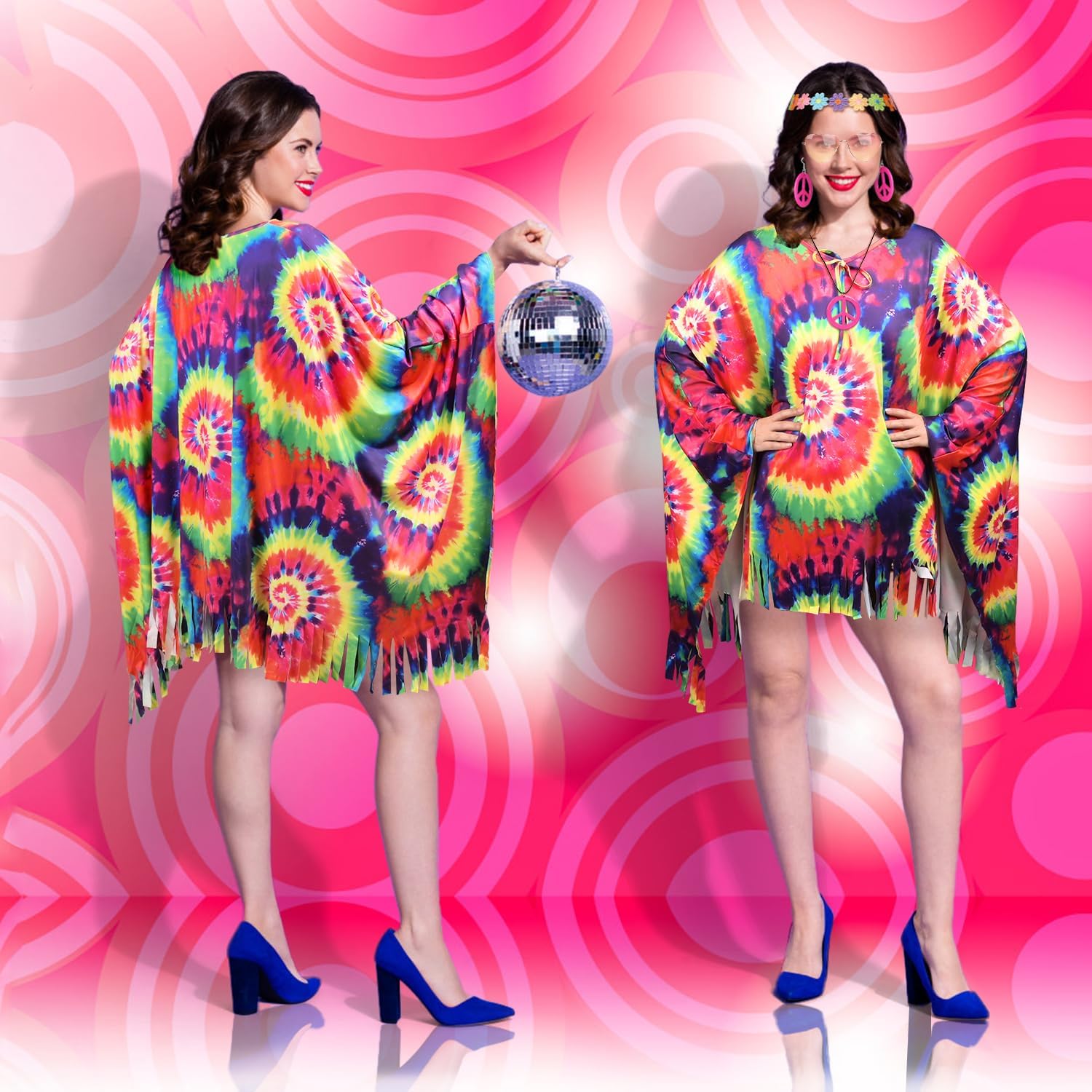 MOVINPE 70s Hippie Costume for Women Accessories Set, Tie Dye Poncho Fringe Bags Flower Crowns Headbands Sunglasses Peace Sign Necklace Earrings 60s Costume Halloween Retro Outfit