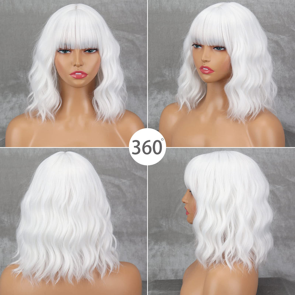 MISSQUEEN Short White Wig with Bangs,Wavy White Bob Wigs for Women Synthetic Wavy Bob Shoulder Length Wigs Natural Looking Heat Resistant Fiber hair Wig for Daily Party Cosplay Use
