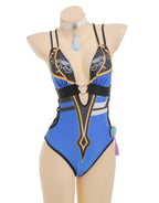 haikyuu Women Anime Cosplay One Piece Swimsuit with Kimono Cover Up Deep V Halter Tummy Control Bathing Suit Blue