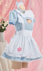 MEOWCOS Women's Maid Dress French Apron Kawaii Kitty Dress with Paw Embroidery Anime Cosplay Costume