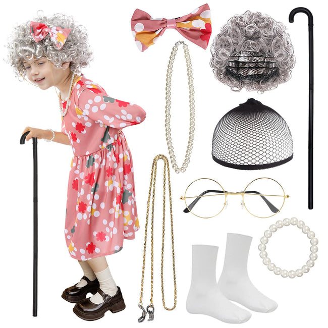 Kids Old Lady Costume for Girls Grandma Wigs Dress Glasses Necklace Granny Outfit 100 Days of School Cosplay Accessories (Medium) Hover Image