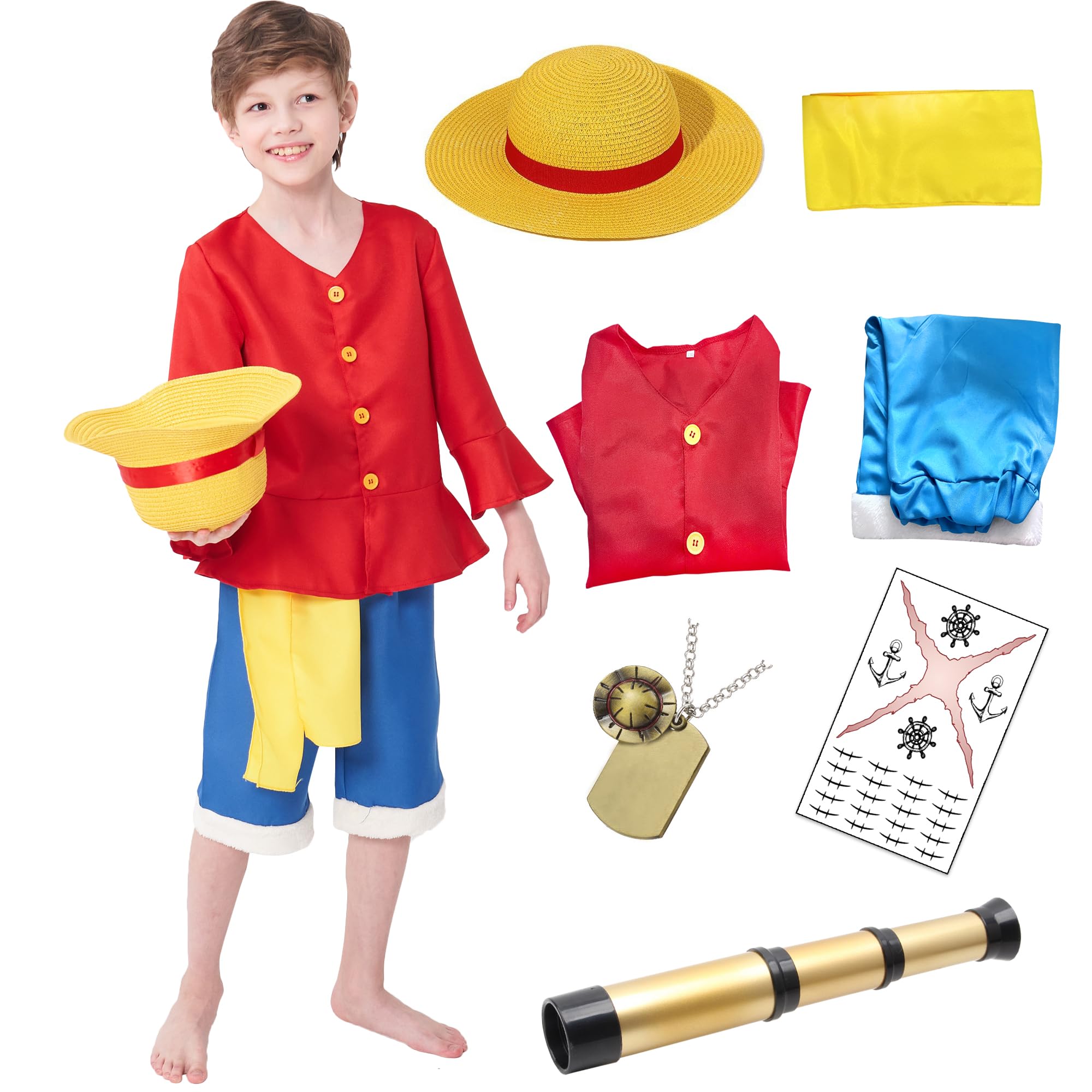 XUAURDT Kids Pirate Costume Red Suits Top Pants Boys Pirate Outfits Halloween Anime Props Straw Hat Dress Up Shirt Shorts Costume (Red, Tag 130)