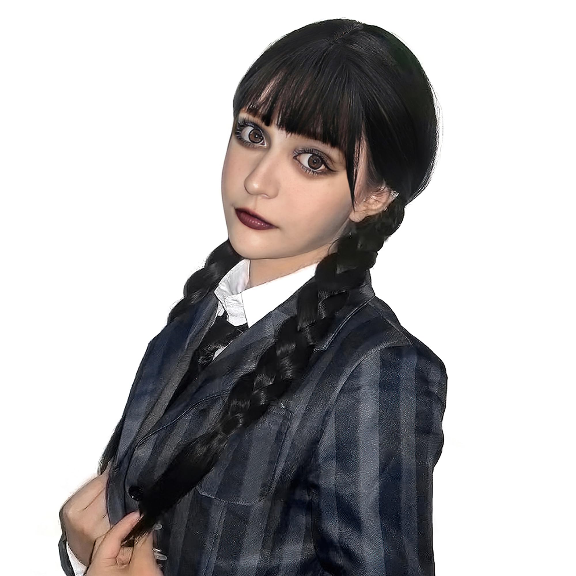 MUPUL Black Braided Wig With Bangs Long Braid Wig Cosplay Halloween Costume Wigs For Women