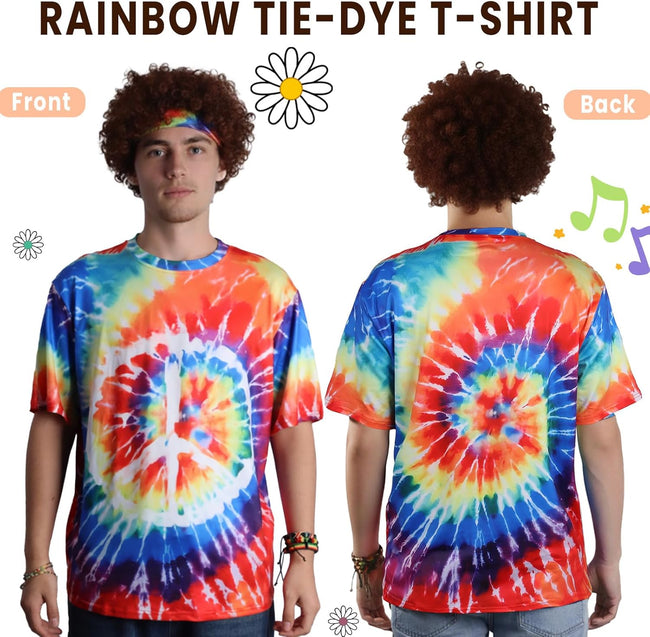 70s Outfits for Men - 10 Pcs Hippie Costume with Tie Dye Shirt, Fringe Vest & Accessories,60s/70s Retro Party Clothes Main Image