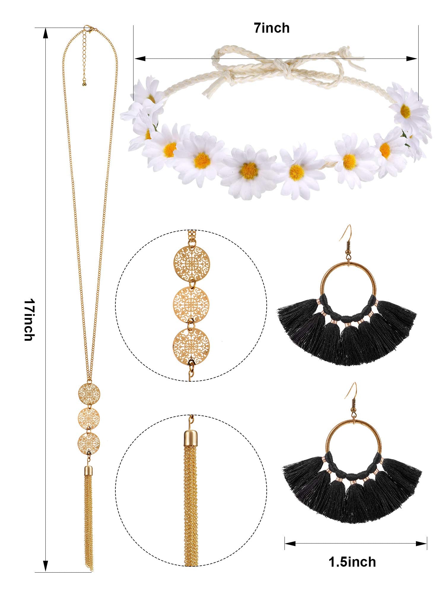 WILLBOND 4 Pcs Halloween 60s 70s Outfits for Women Hippie Costume 70s Costume Tops Accessories Women Fringe Hippie Vest(X-Large,Black)