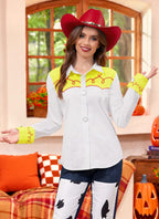Halloween Women Cowgirl Jesie Costume Button Down Shirt Long Sleeve Western Woven Classic Yellow and White Top M