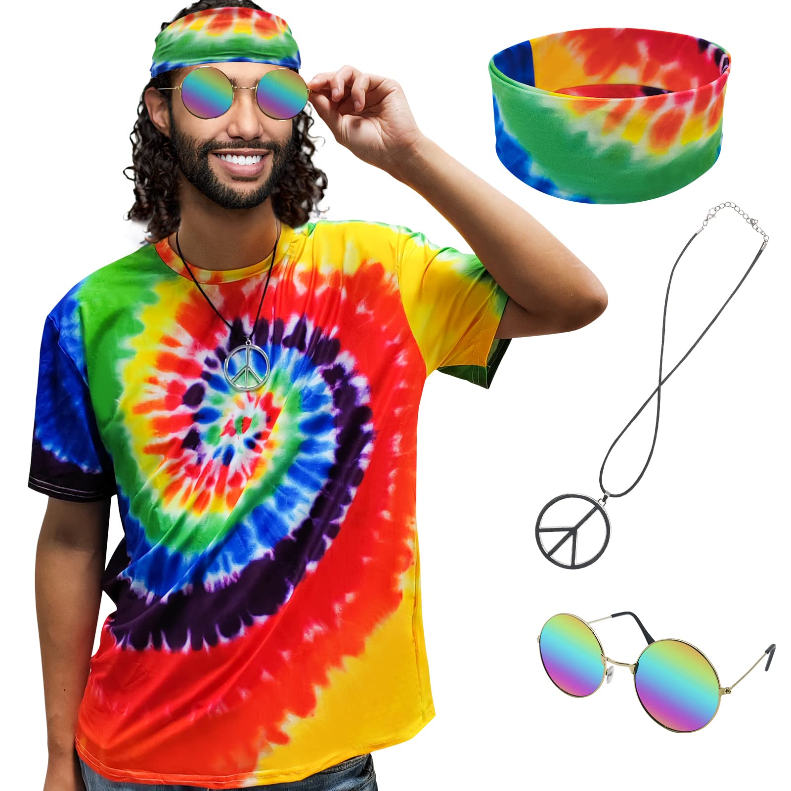 Hippie Costume for Men Women 60s and 70s colorful T-shirt sunglasses headband Peace necklace 4-piece theme party