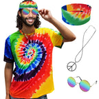 Hippie Costume for Men Women 60s and 70s colorful T-shirt sunglasses headband Peace necklace 4-piece theme party