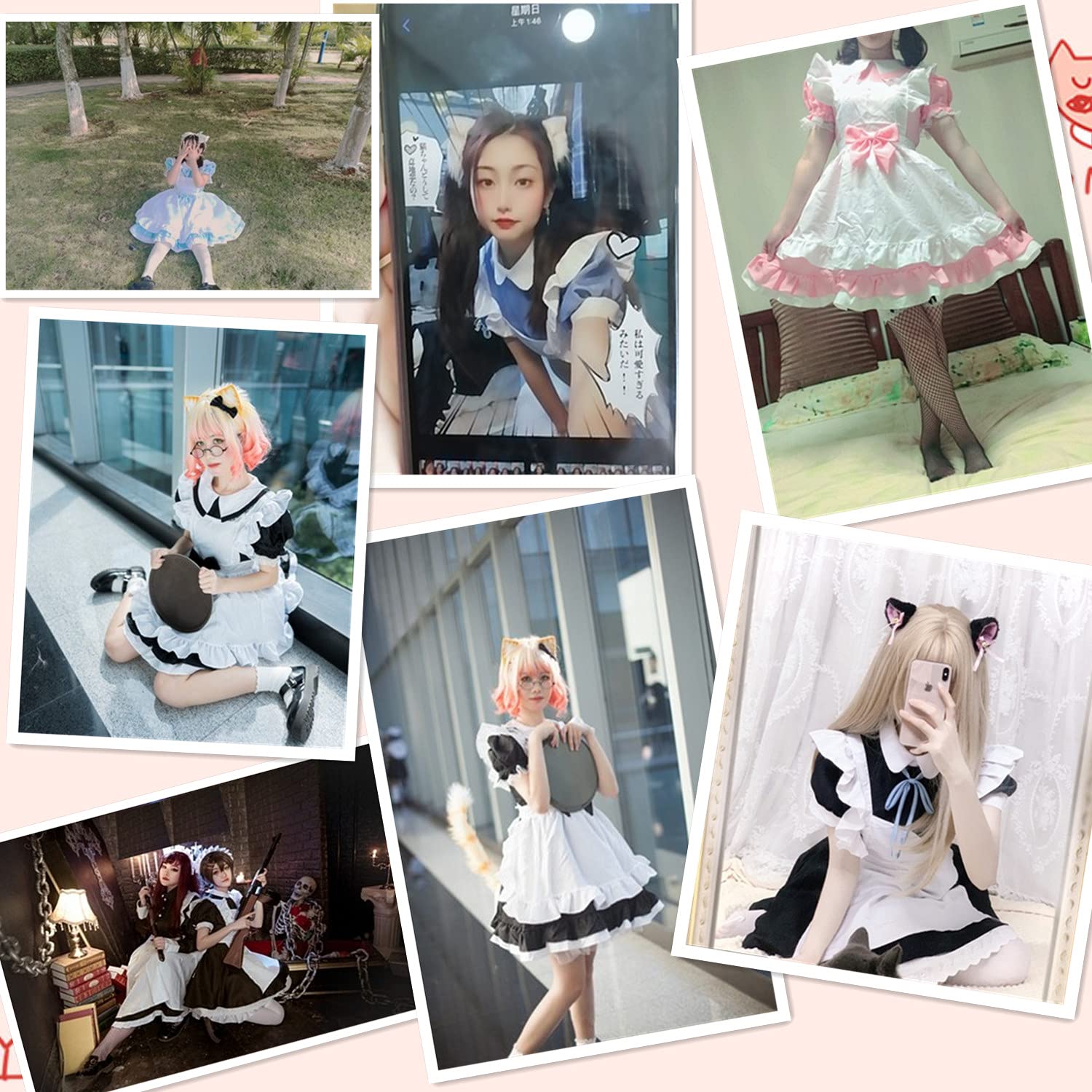 Wannsee Japanese Anime 6Pcs Lolita French Maid Apron Fancy Dress Cosplay Costume Gloves Headwear Socks set(Pink L)