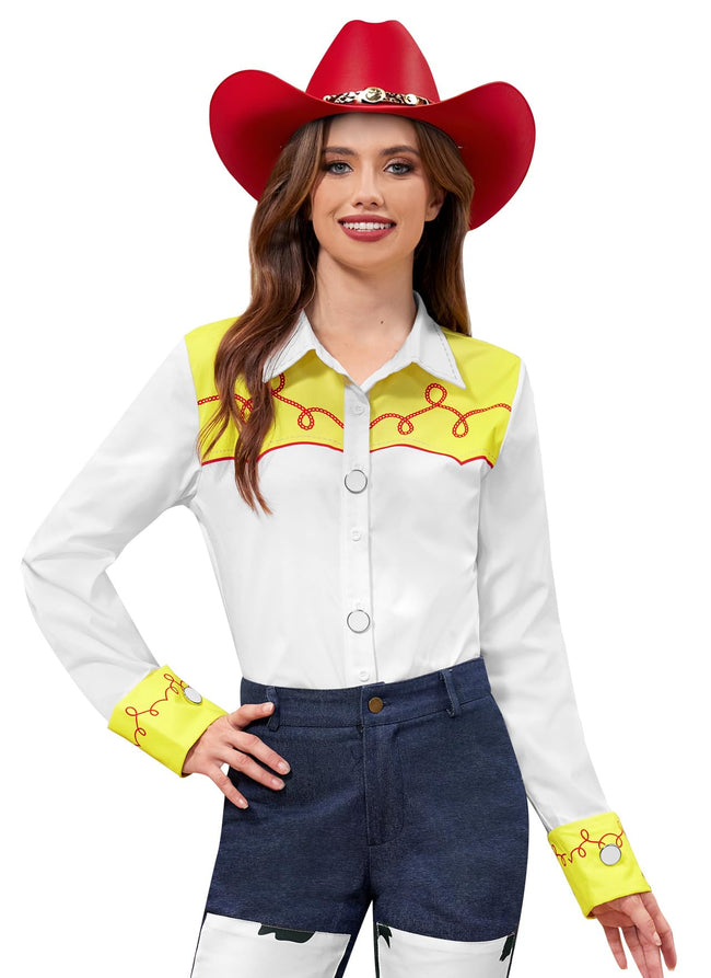 Halloween Women Cowgirl Jesie Costume Button Down Shirt Long Sleeve Western Woven Classic Yellow and White Top M Hover Image