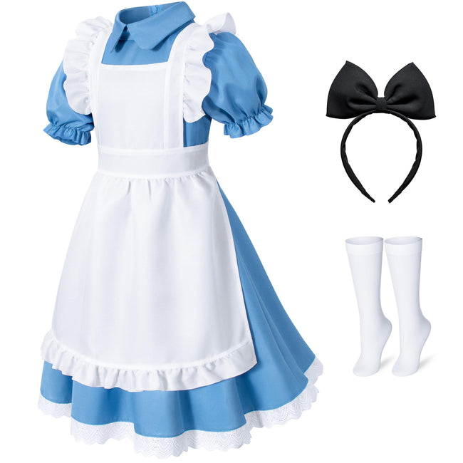 Irtysh Girl Blue Dress White Apron Halloween Cosplay Costume With Bow Hair Band Stockings Set(140) Hover Image