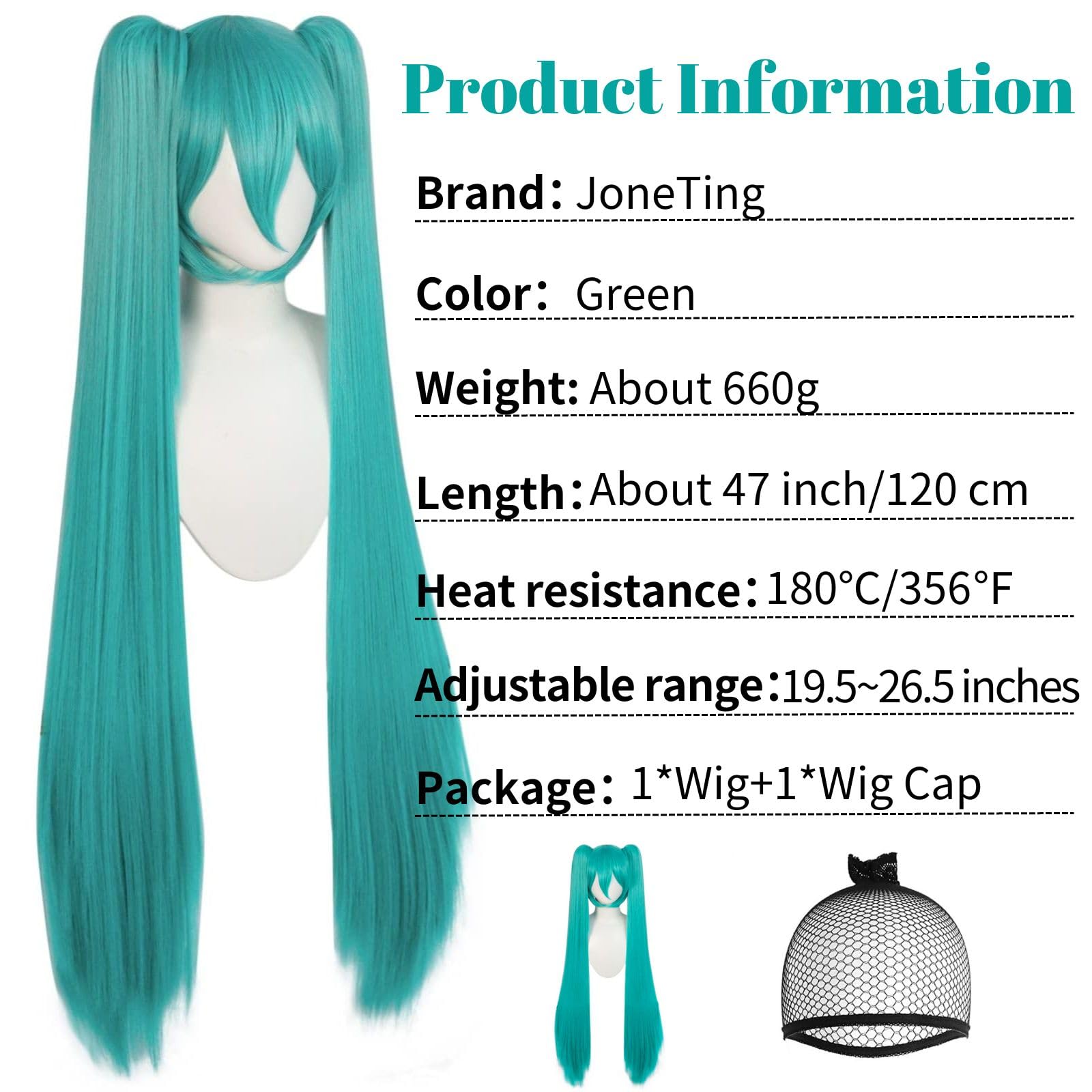 JoneTing 120CM/47inches Green Wigs【+Hair Cap】 Long Greenish Wig with 2 Ponytails for Women Long Straight Green Wigs with Bangs for Cosplay Wig Synthetic Hair for Halloween Christmas Party