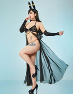 haikyuu Women Cosplay Bikini Set with Cover up Headband Anime Swimsuit Halter Lace Up Swimwear Rave Bathing Suit Black