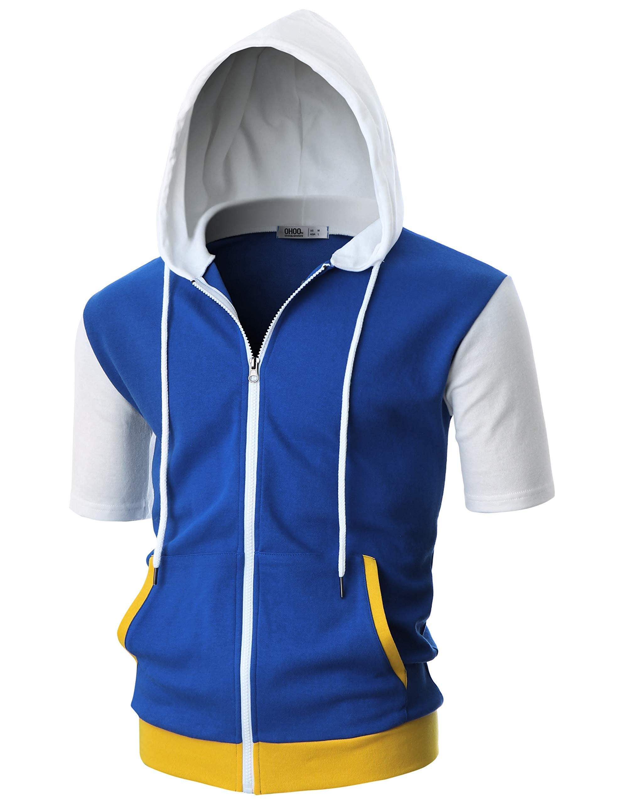 Ohoo Mens Slim Fit Short Sleeve Lightweight Zip-up Hoodie for Outfit and Character Play / DCF057-BLUE/WHITE-XL