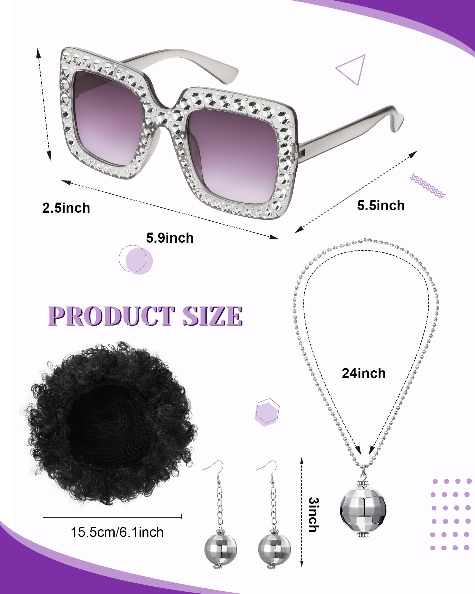 Jexine Halloween 70s Women Disco Outfit Costume Set Disco Party Top Pants Sunglasses Ball Necklace Earring Wig(White,Large)