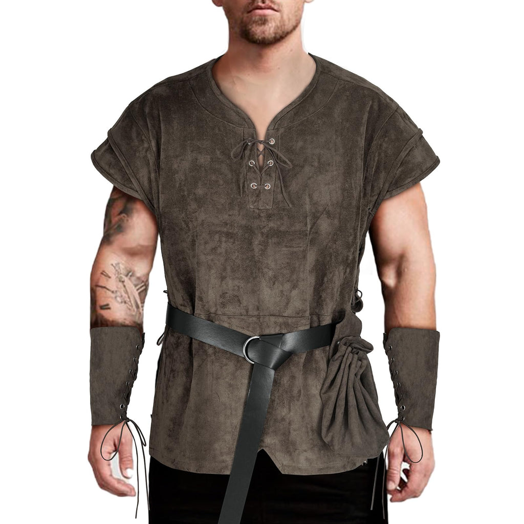 TEYHUI 5 Pcs Norse Viking costume men renaissance costume Medieval tunic Pirate costume men adult(Z3758GY,L)