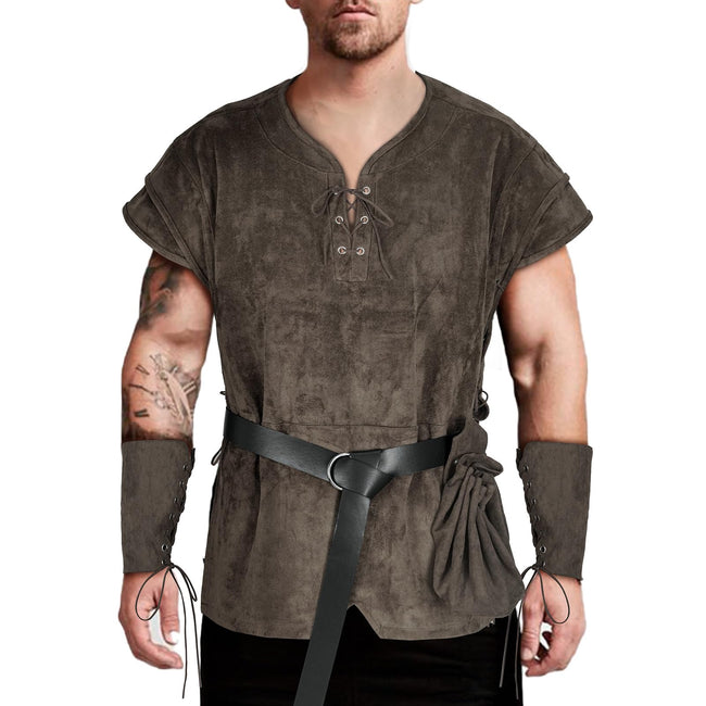 TEYHUI 5 Pcs Norse Viking costume men renaissance costume Medieval tunic Pirate costume men adult(Z3758GY,L) Hover Image
