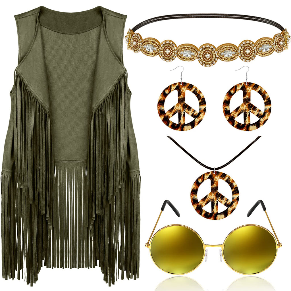 Frienda 6 Pcs 60s 70s Outfit for Women Hippie Halloween Costume Set Peace Sign Earring Headband Fringe Vest Tassel Cardigan