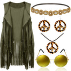 Frienda 6 Pcs 60s 70s Outfit for Women Hippie Halloween Costume Set Peace Sign Earring Headband Fringe Vest Tassel Cardigan