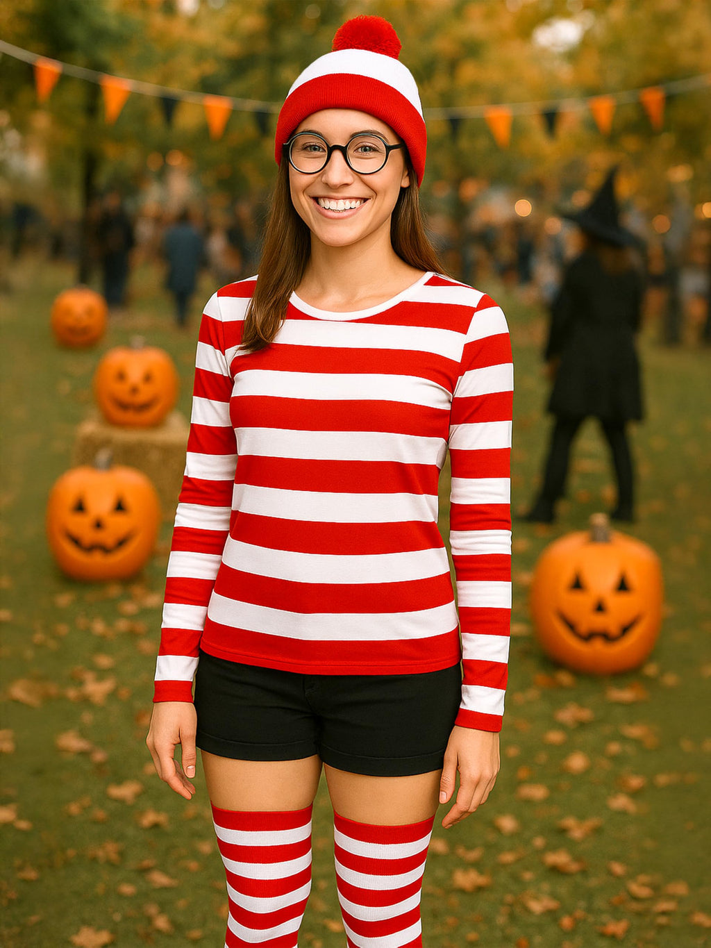 Halloween Costume Set, XXL Halloween Women Cosplay Red White Striped Shirt Beanie Cap Glasses Socks for Halloween Party
