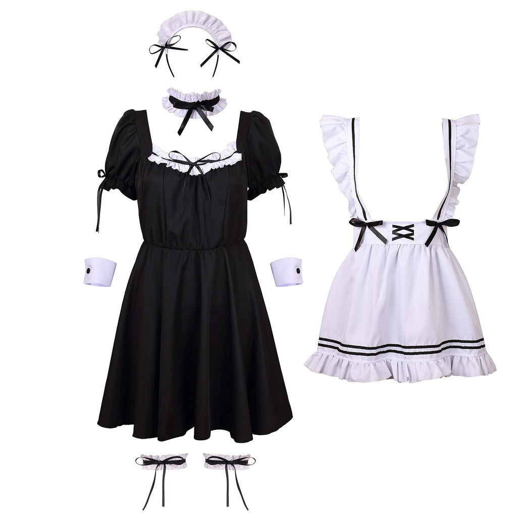 Colorful House Women's Lolita Anime Cosplay French Apron Maid Sweetheart Fancy Dress Costume (2XL, Black-9Pcs)