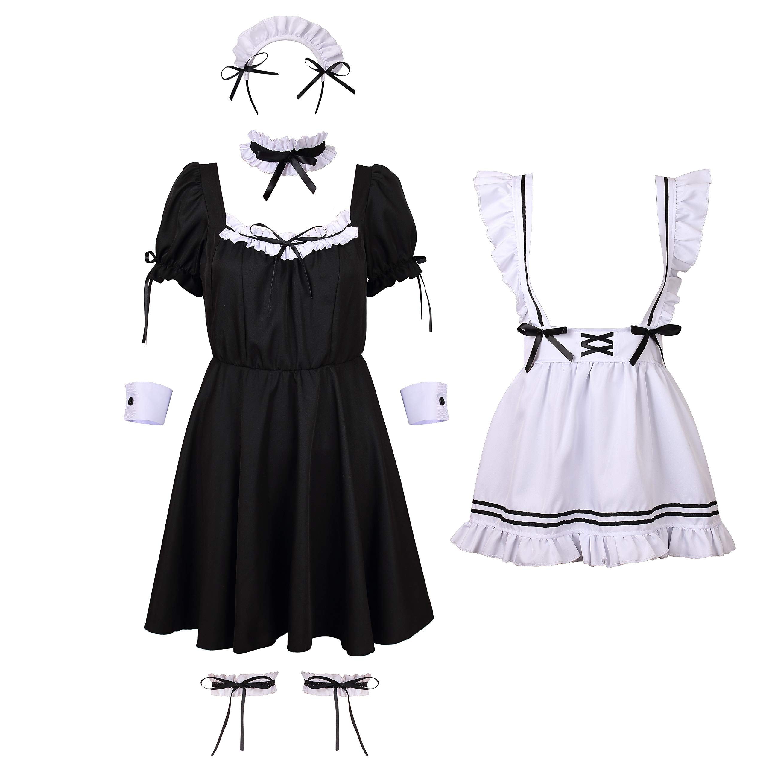 Colorful House Women's Lolita Anime Cosplay French Apron Maid Sweetheart Fancy Dress Costume (2XL, Black-9Pcs)