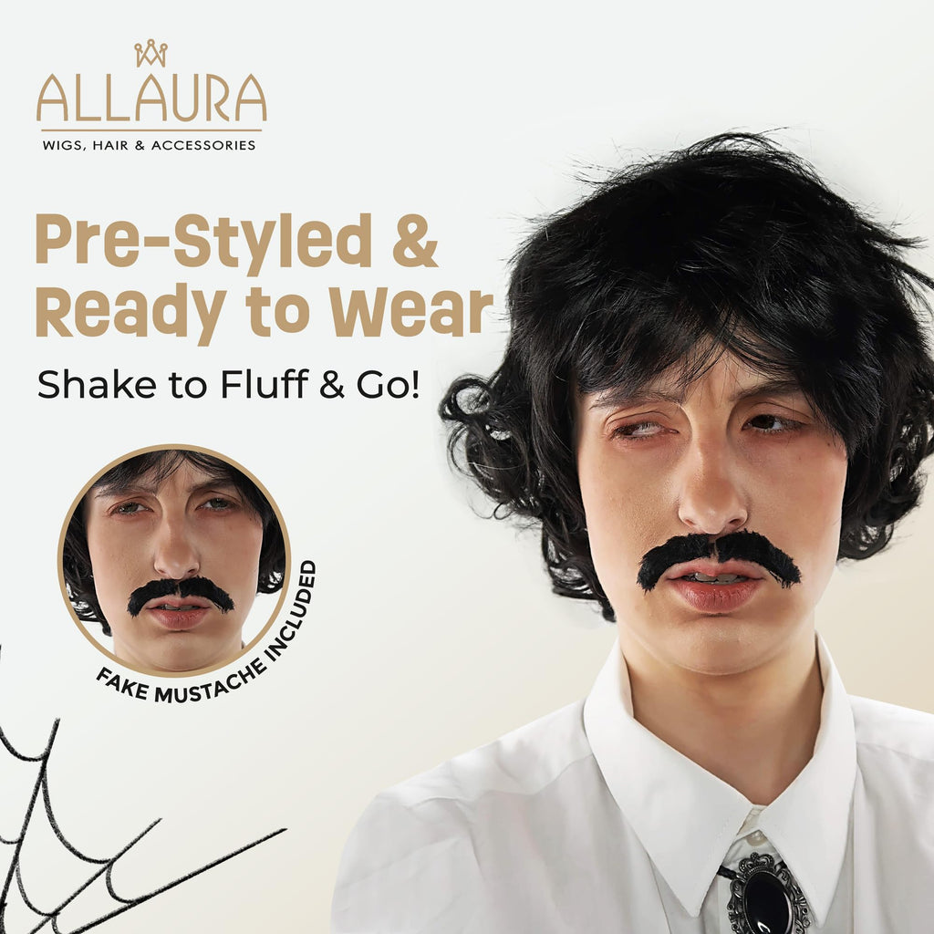 ALLAURA Compatible with Sonny Bono Wig – 60s 70s Men’s Short Brown Wig + Mustache for Hippie, Singer, TV Star, Cop, Detective Costumes – Liberty Duo, Limu & Doug, Uncle Rico, Retro Halloween Outfit