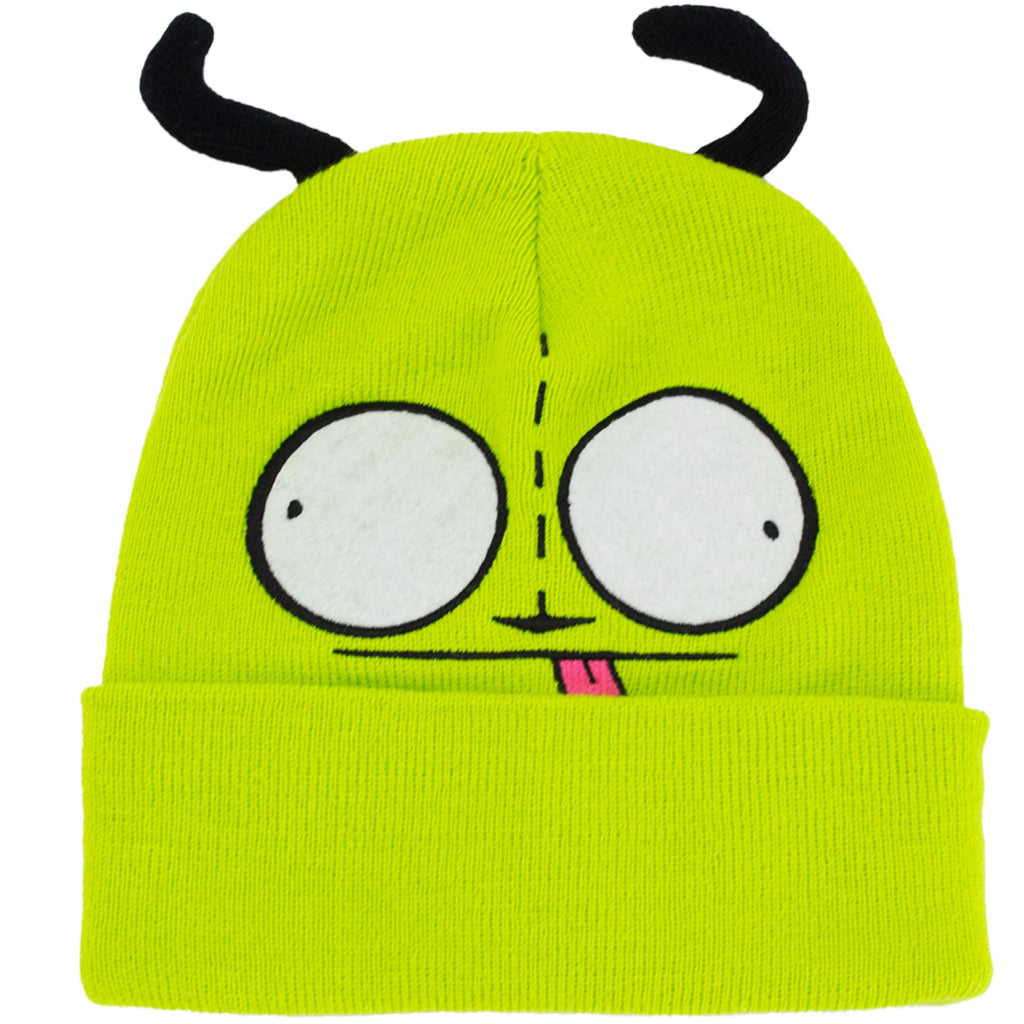 Invader Zim Beanie Hat, Gir Winter Knit Cap with Cuff and 3D Ears, Green, One Size