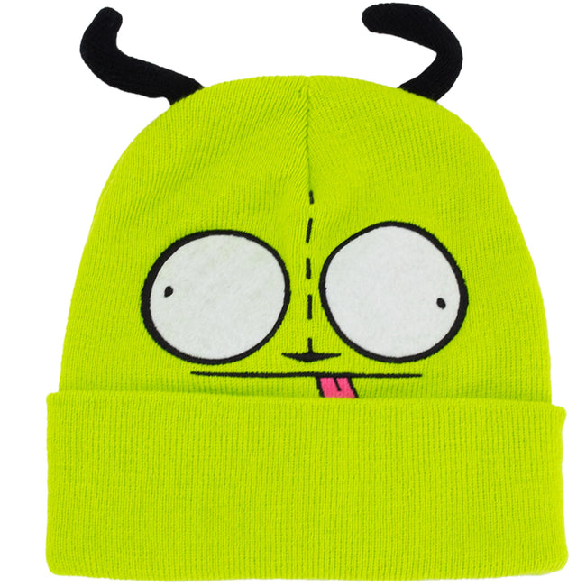 Invader Zim Beanie Hat, Gir Winter Knit Cap with Cuff and 3D Ears, Green, One Size Hover Image