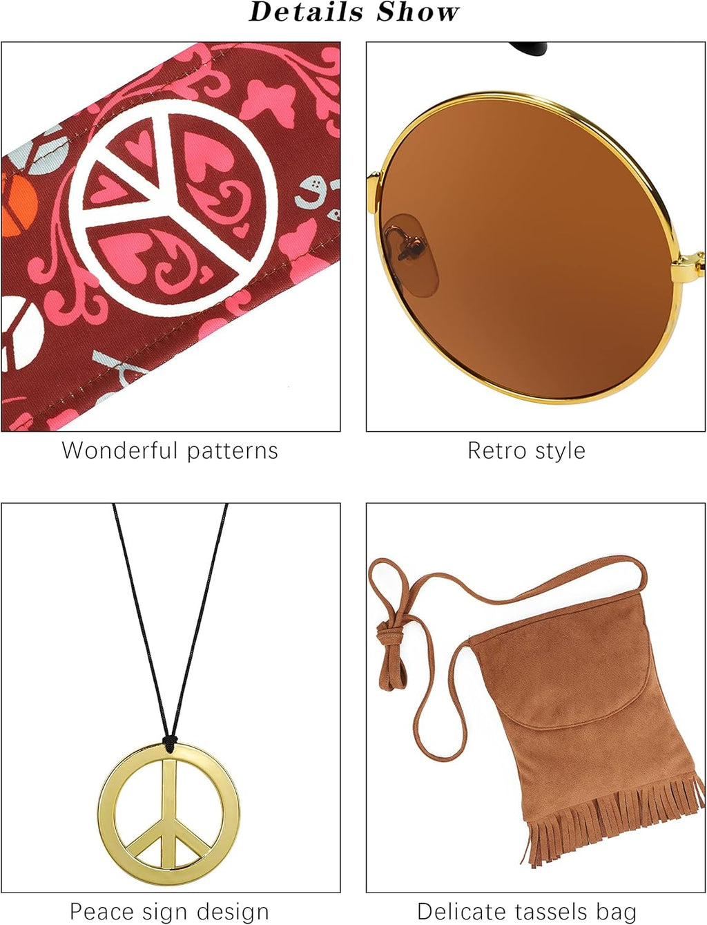 SOMSOC 7 Pieces 70s Women Hippie Costume Fringe Vest Bag Pant Headband for Halloween