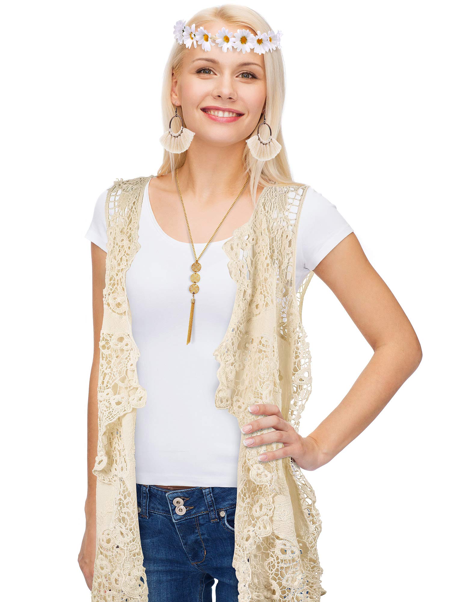 WILLBOND 4 Pcs Halloween 60s 70s Outfits for Women Hippie Costume 70s Costume Tops Accessories Women Fringe Hippie Vest(X-Large,Black)