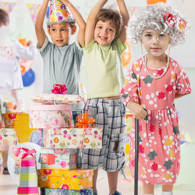 Kids Old Lady Costume for Girls Grandma Wigs Dress Glasses Necklace Granny Outfit 100 Days of School Cosplay Accessories (Medium) Main Image