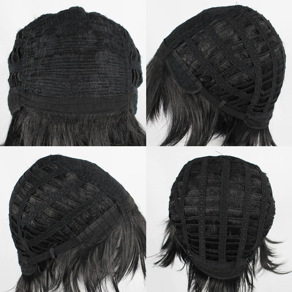 ANOGOL Hair Cap+ Short Black Wig for Men Short Black Men's Wigs for Cosplay Black Anime Cosplay Wig Layered Black Party Wigs with Bangs for Halloween Costume Christmas Peluca Negra Synthetic Hair