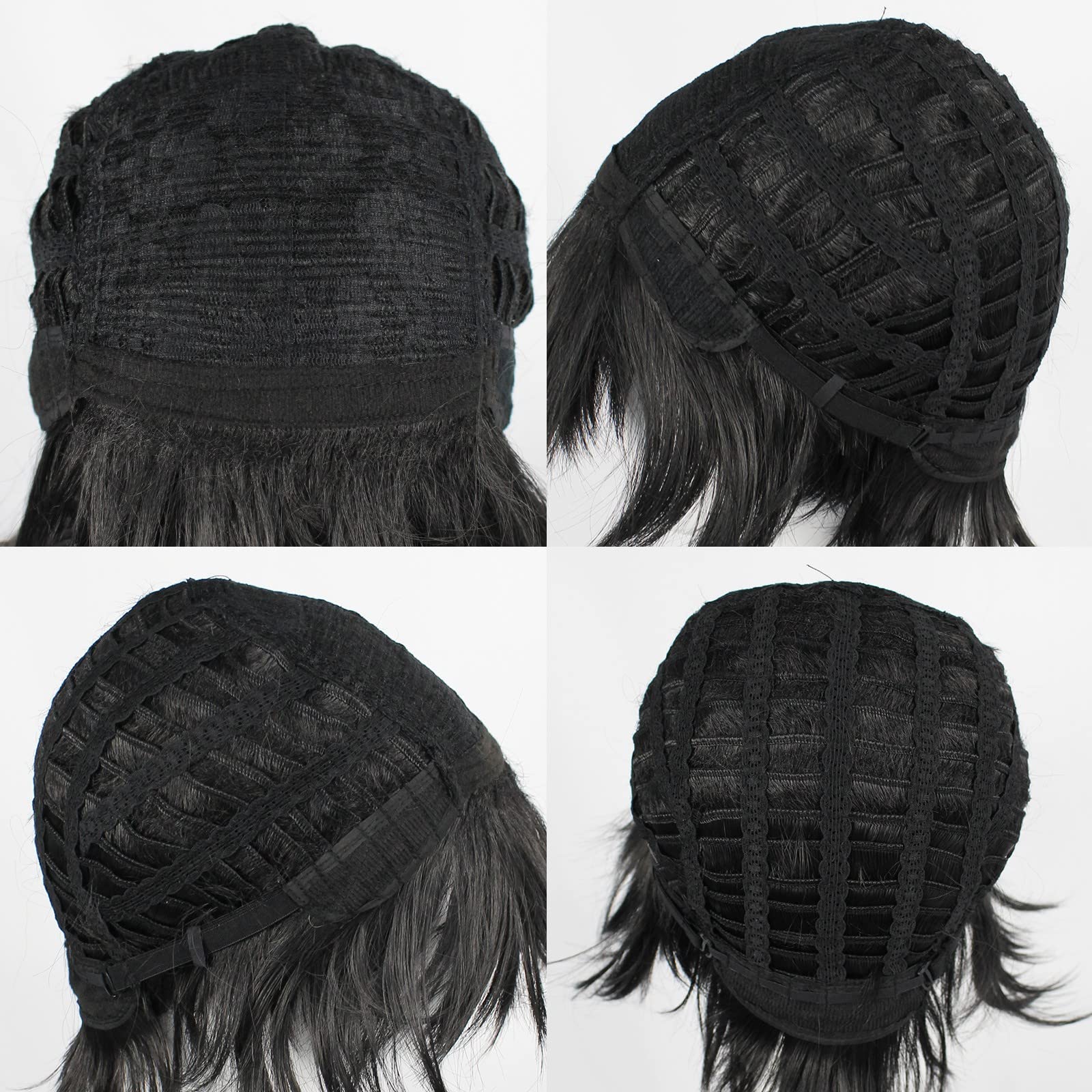 ANOGOL Hair Cap+ Short Black Wig for Men Short Black Men's Wigs for Cosplay Black Anime Cosplay Wig Layered Black Party Wigs with Bangs for Halloween Costume Christmas Peluca Negra Synthetic Hair