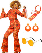 Leumoi 6 Pcs 60s 70s Disco Outfit Women Hippie Costume Accessories Flared Pants Headband Earrings Sunglass