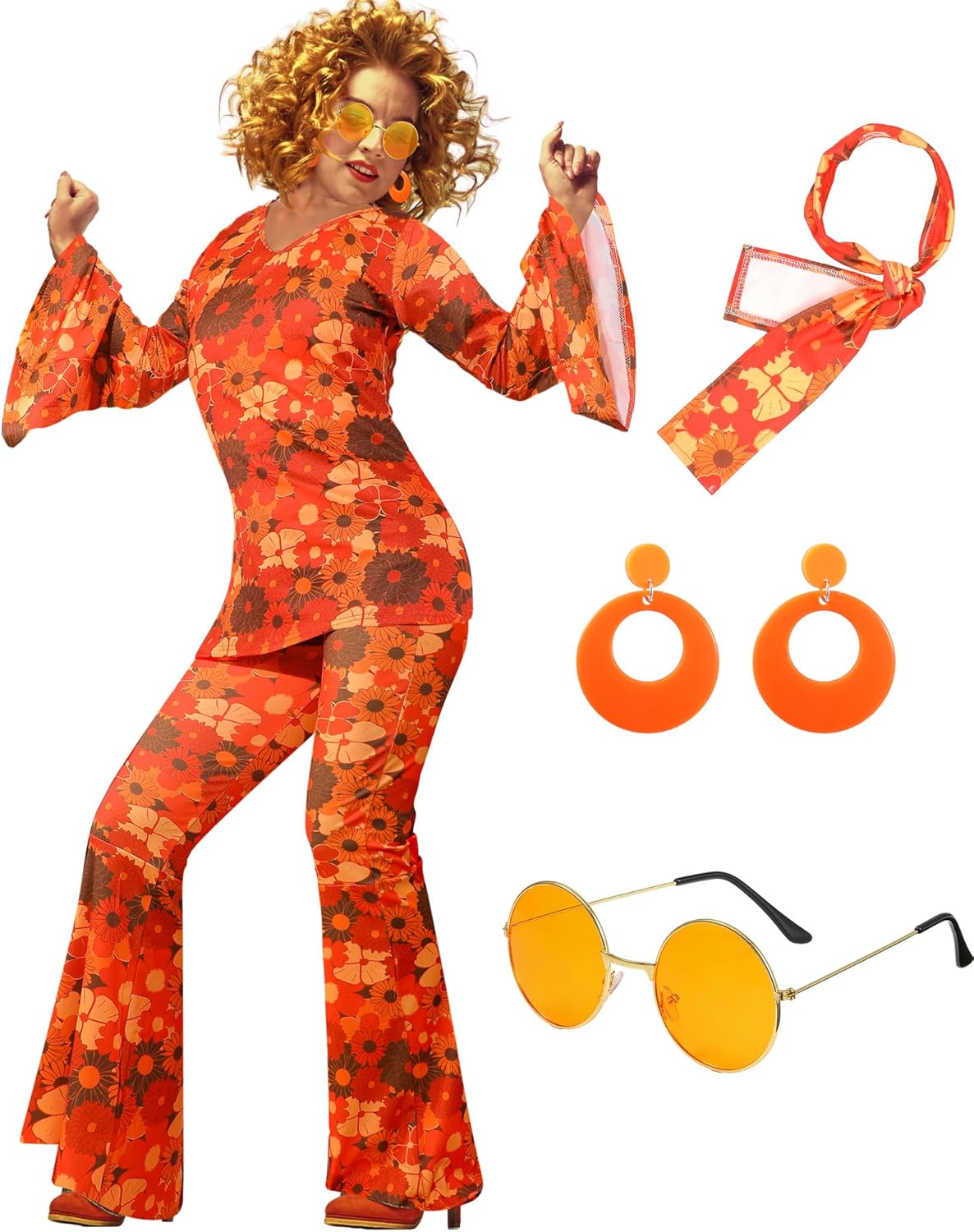 Leumoi 6 Pcs 60s 70s Disco Outfit Women Hippie Costume Accessories Flared Pants Headband Earrings Sunglass