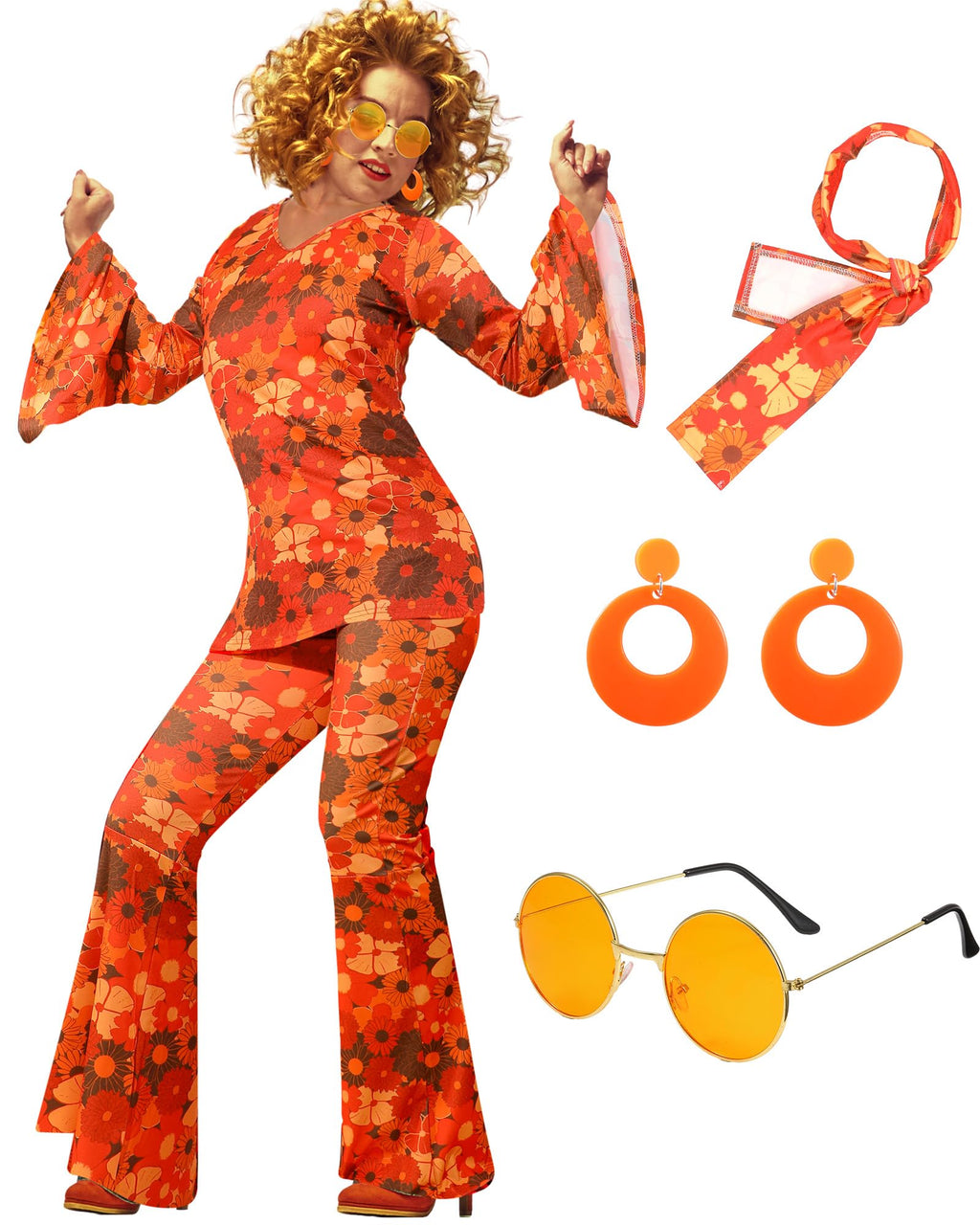Leumoi 6 Pcs 60s 70s Disco Outfit Women Hippie Costume Accessories Flared Pants Headband Earrings Sunglass
