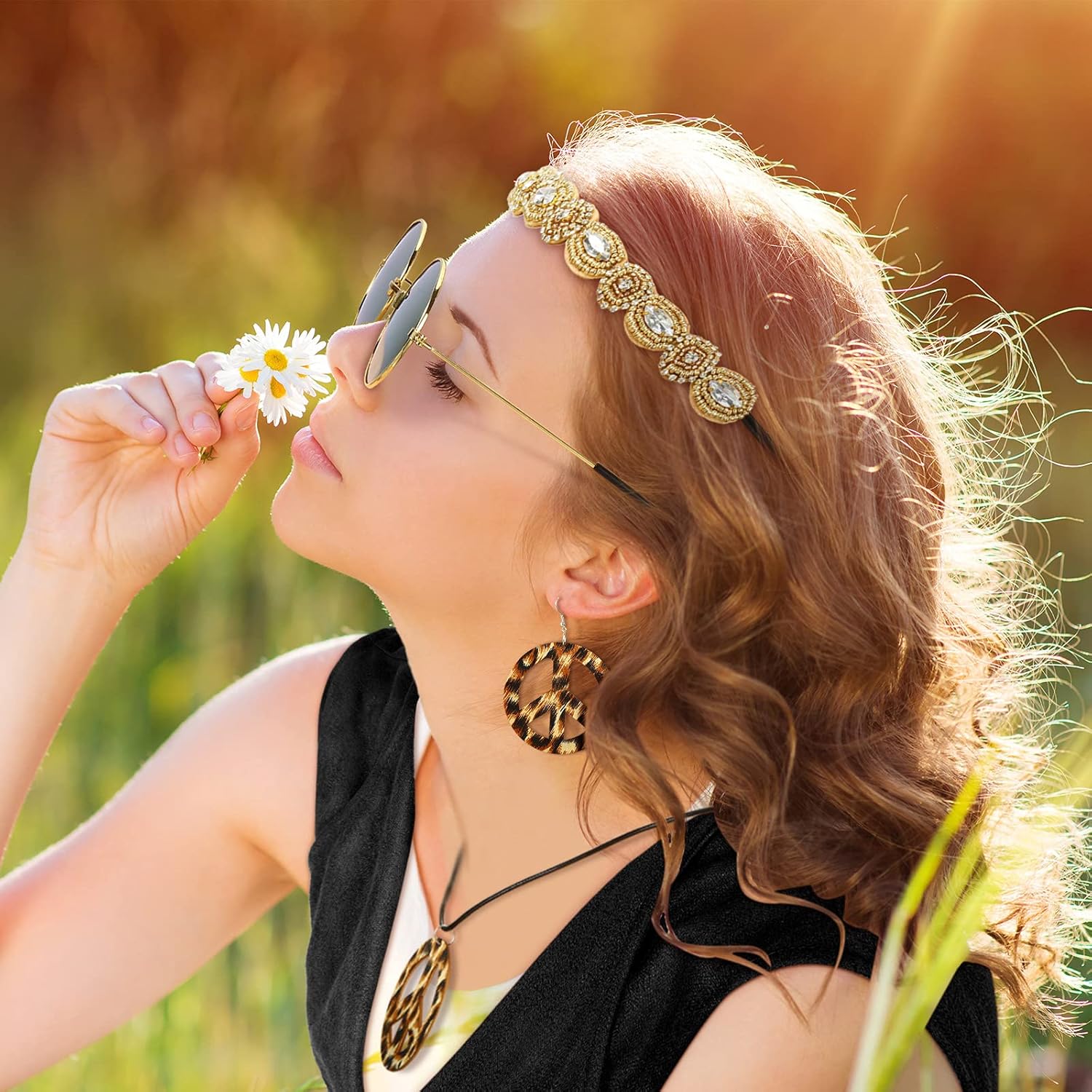 Frienda 6 Pcs 60s 70s Outfit for Women Hippie Halloween Costume Set Peace Sign Earring Headband Fringe Vest Tassel Cardigan