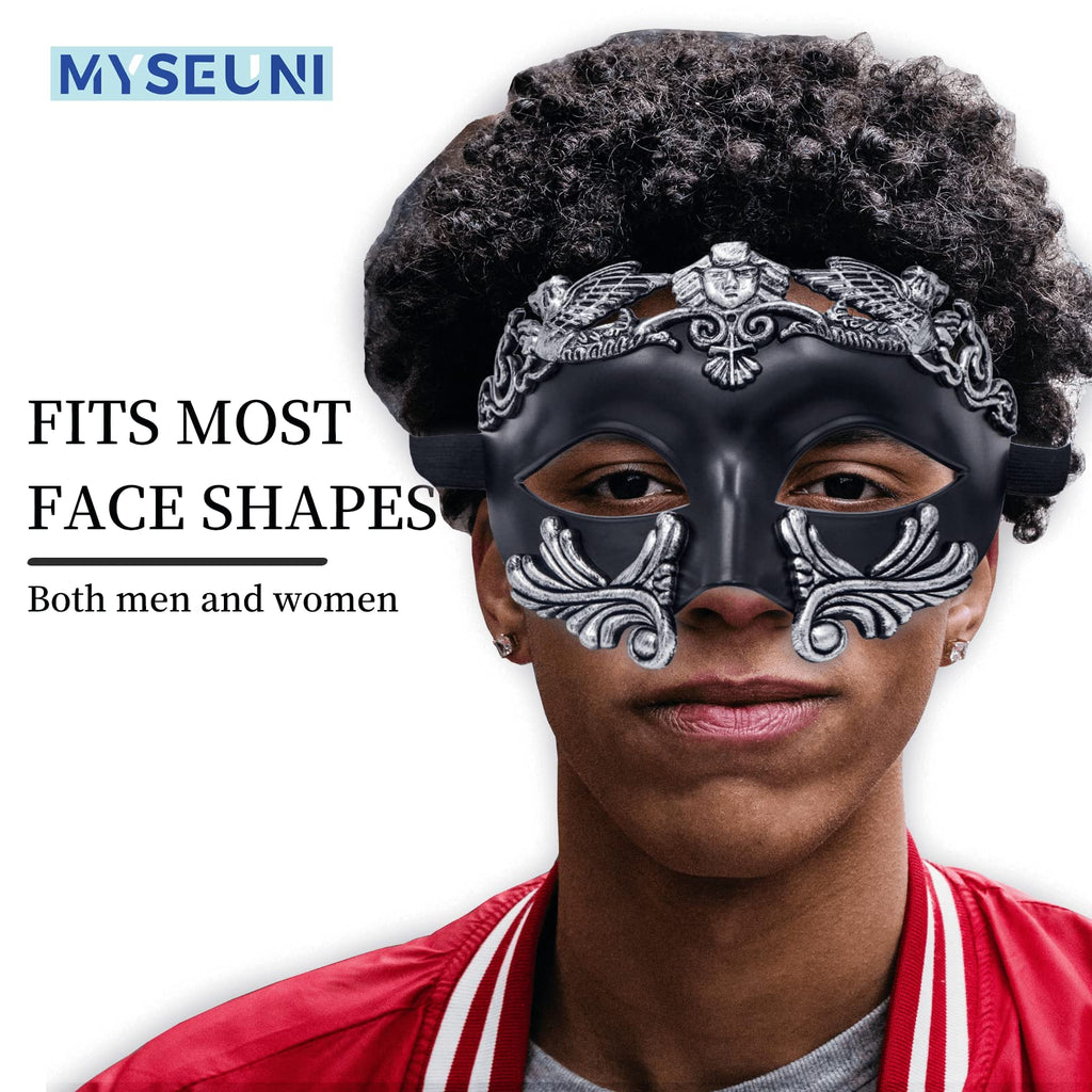 MYSEUNI Silver Masquerade Mask for Men - Greek Roman Venetian Half Face Mask for Mardi Gras Costumes Prom Halloween Masked Ball Cosplay Party