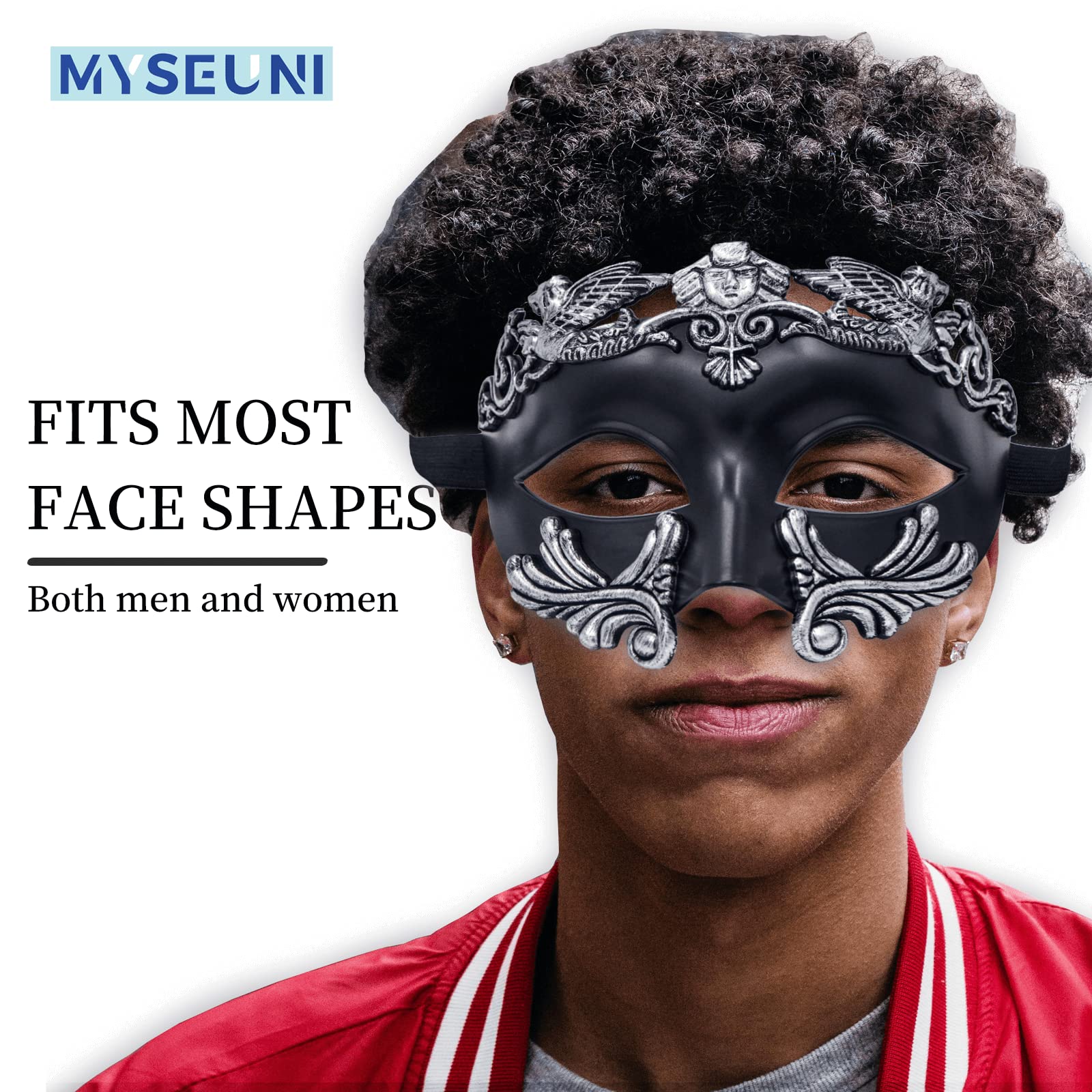 MYSEUNI Silver Masquerade Mask for Men - Greek Roman Venetian Half Face Mask for Mardi Gras Costumes Prom Halloween Masked Ball Cosplay Party