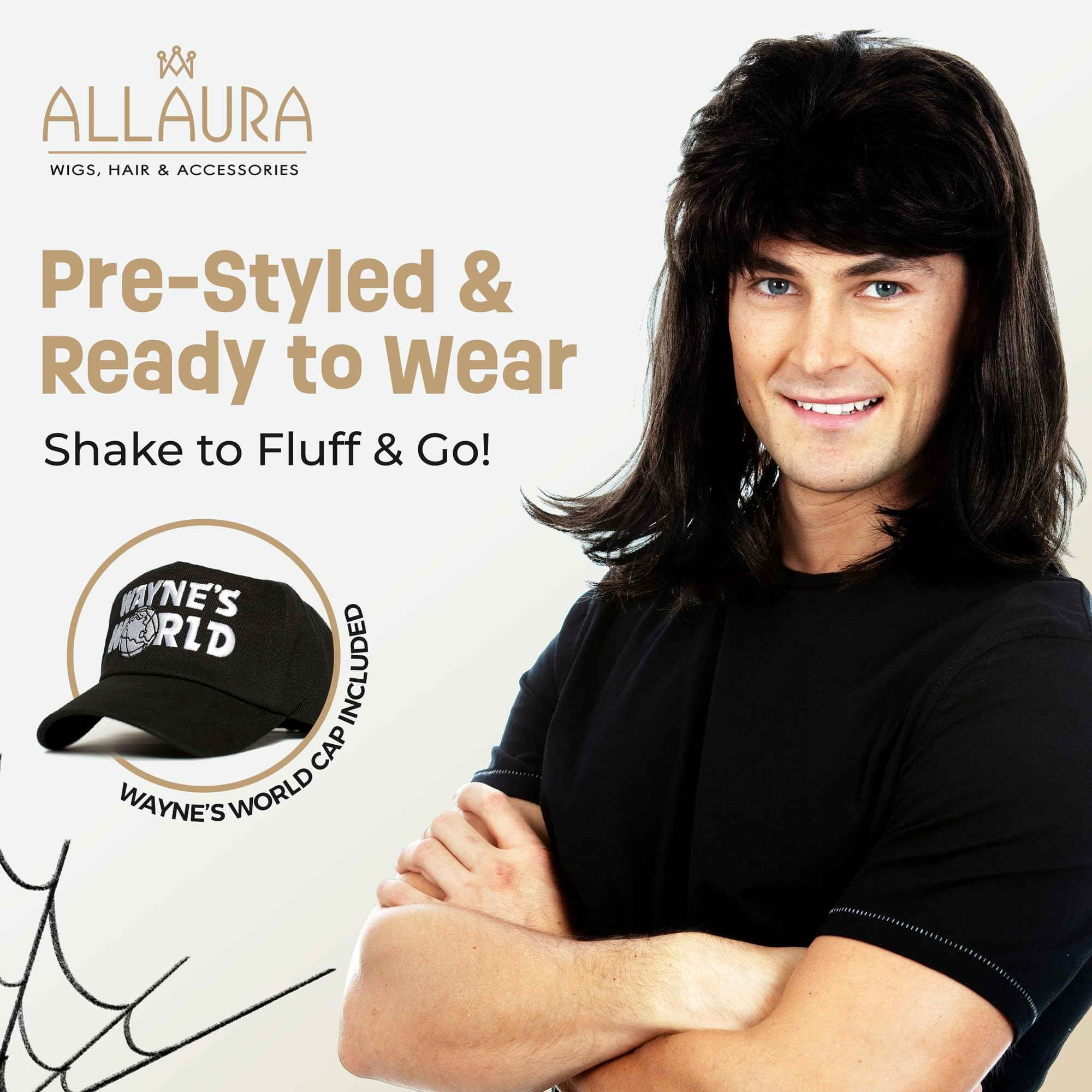 ALLAURA Compatible with Sonny Bono Wig – 60s 70s Men’s Short Brown Wig + Mustache for Hippie, Singer, TV Star, Cop, Detective Costumes – Liberty Duo, Limu & Doug, Uncle Rico, Retro Halloween Outfit